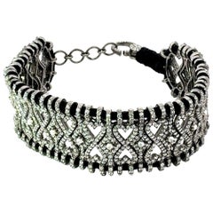 Vintage Style Pave Set Zircon Macrame Black Thread Bracelet for Unisex in Silver