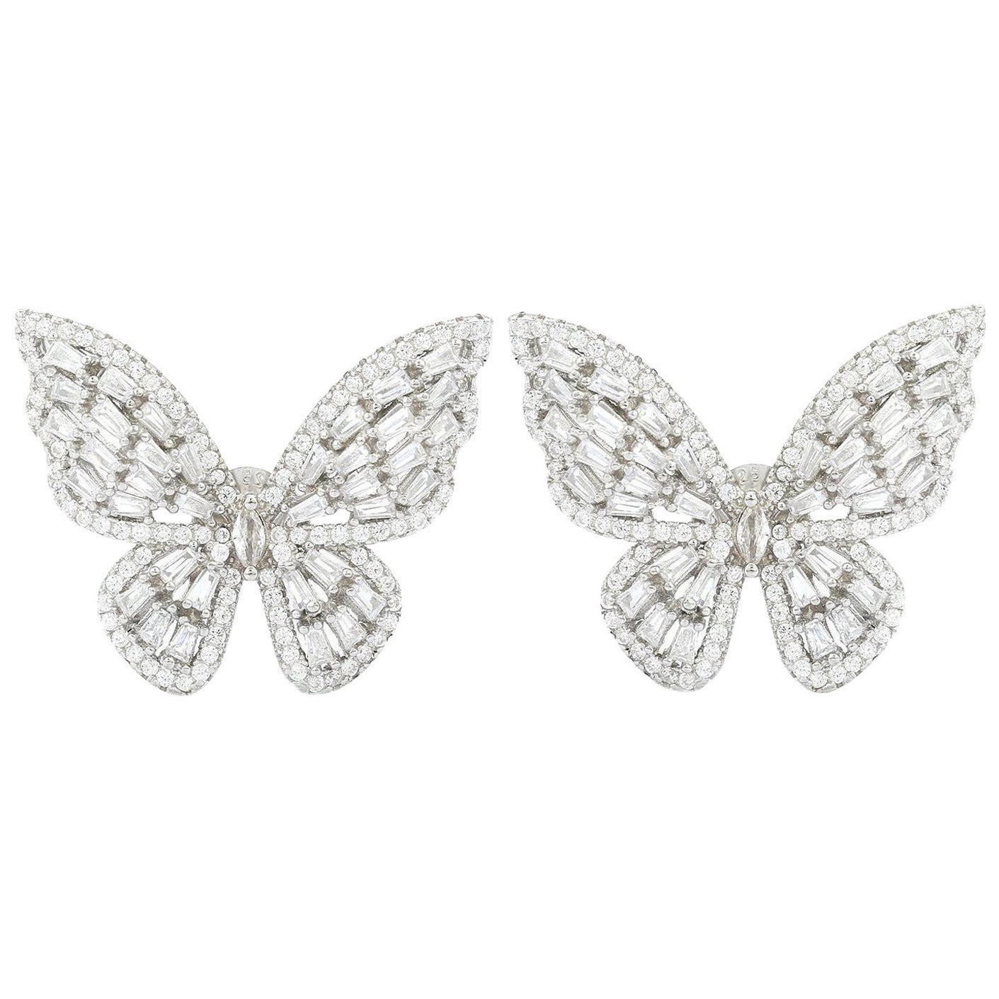 White Rhinestone Butterfly Cluster Studs Earring for Her in Silver Jewelry For Sale