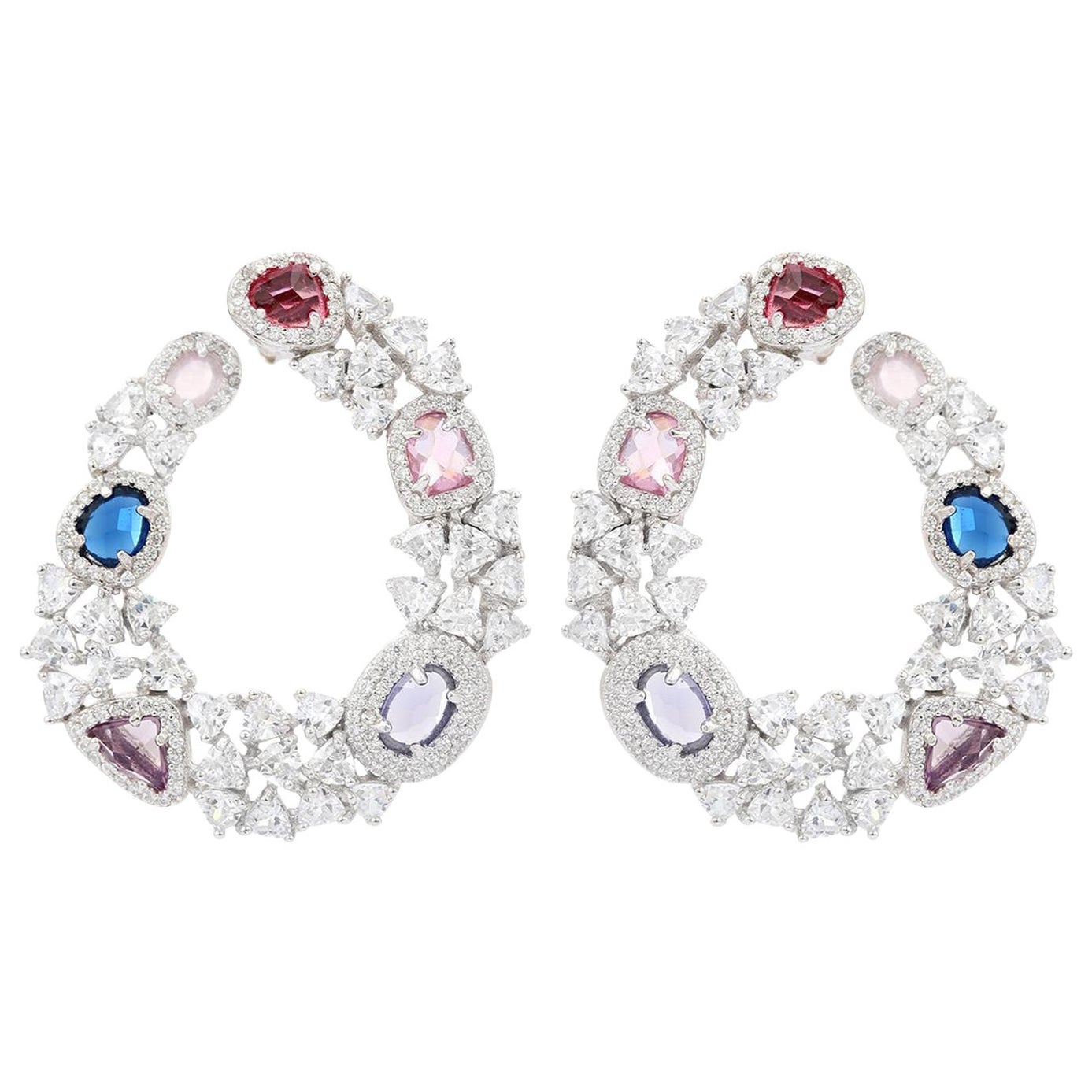Silver Multicolors Cubic Zirconia Statement Hoop Earrings for Wedding Jewelry For Sale