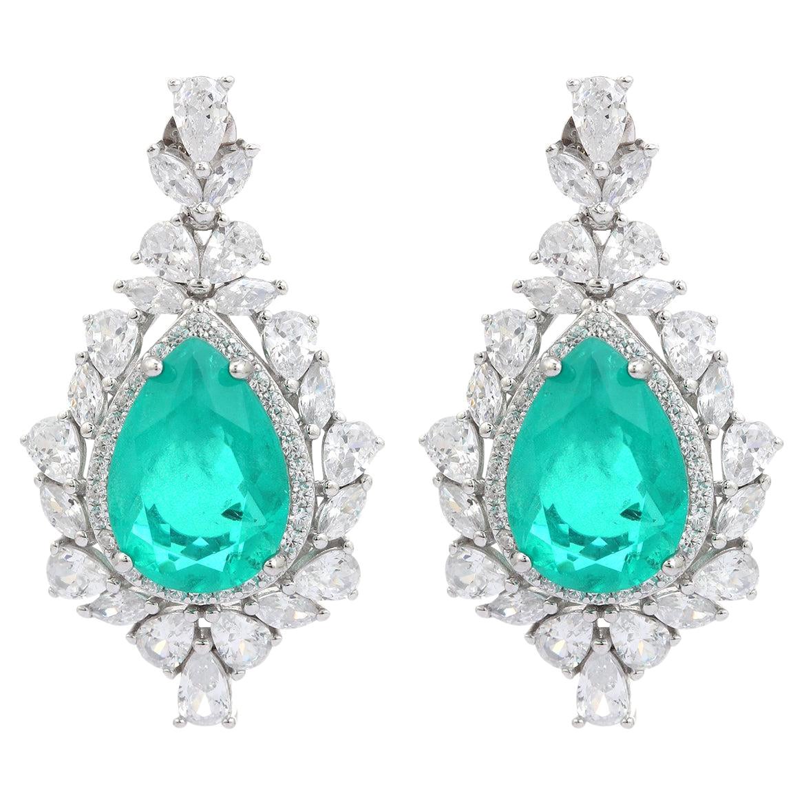 Green Color Rhinestone Tear Drop Earrings for Mom Gift Jewelry in 925 Silver