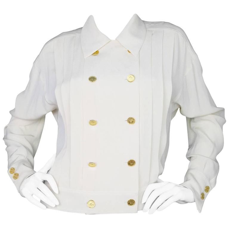 Chanel Vintage Cream Silk Double Breasted Blouse sz M For Sale at