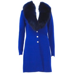 New Versace 100% Wool with Detachable Fox Collar Purple Blue Cardigan 44