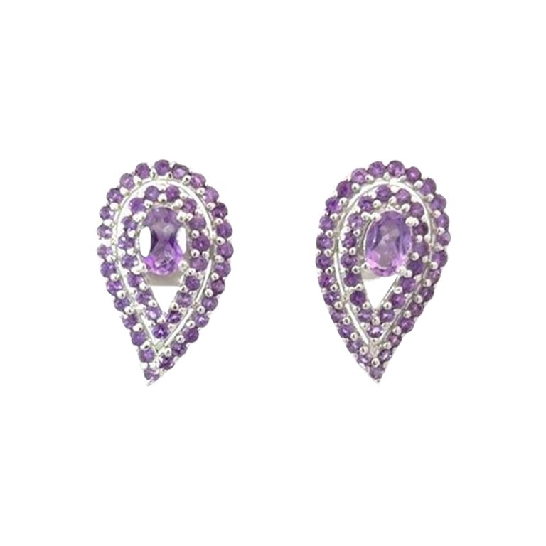 Handmade Natural Amethyst Reversed Pear Stud Silver Earrings Gift for Her For Sale