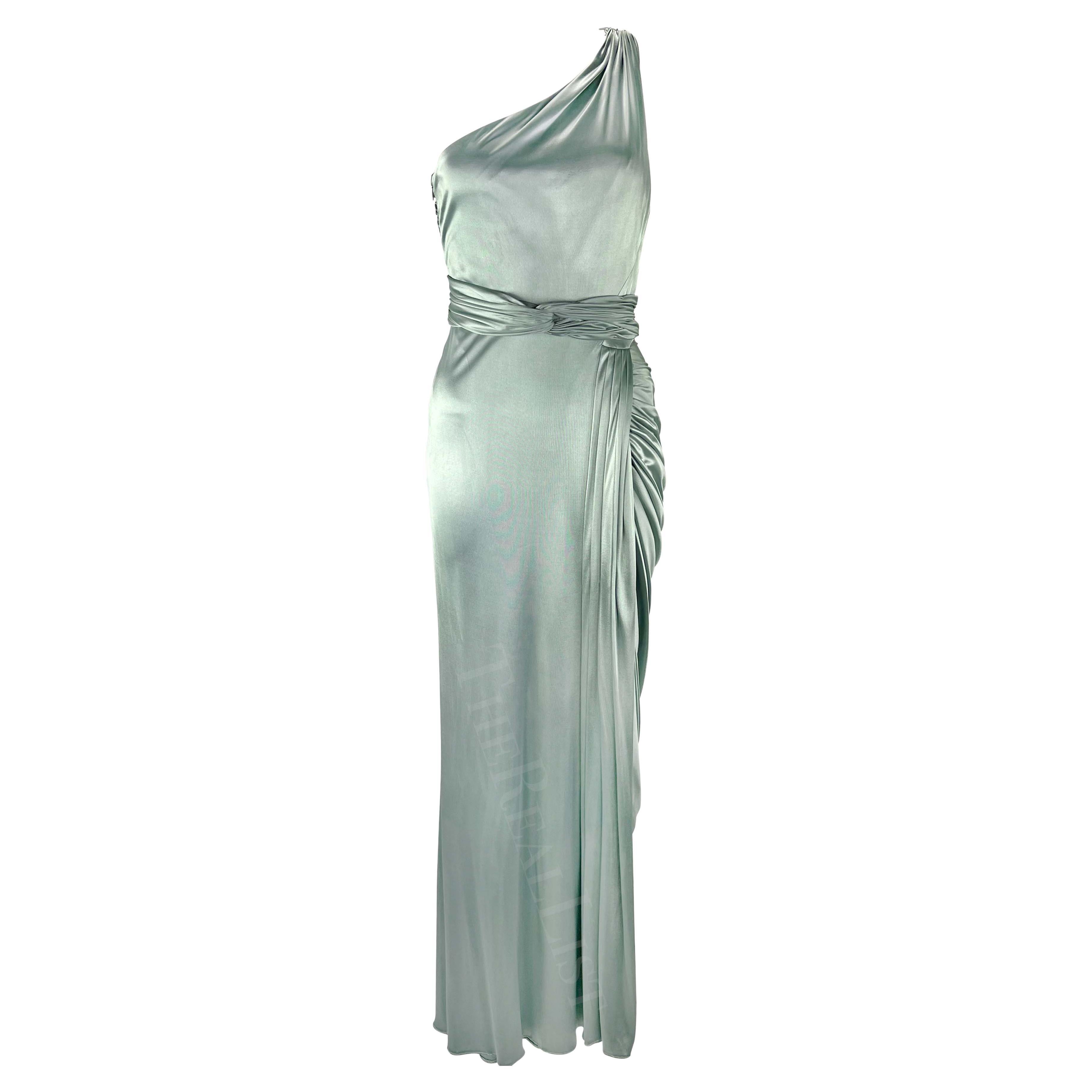 F/W 2006 Versace by Donatella Runway Ad Ruched Light Blue Stretch Slit Gown For Sale