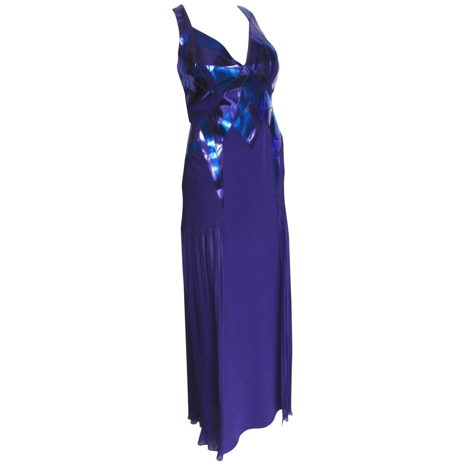 Versace Ladies Purple Blue Leather FW 2010 Catwalk Gown Dress 38 uk 6   For Sale