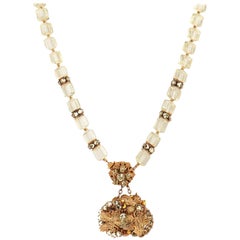 MIRIAM HASKELL c.1950's Signed Gold Gilt Leaf Crystal Beads Pendant Necklace