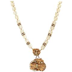 MIRIAM HASKELL c.1950's Signed Gold Gilt Leaf Crystal Beads Pendant Necklace 11