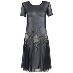 COUTURE c.1920's Navy Sheer Silk Chiffon Floral Glass Beaded Evening Dress