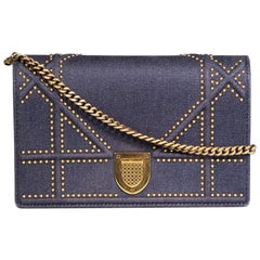 Dior 2017 Blue Denim Stud Diorama Wallet On Chain
