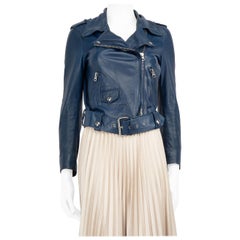 Acne Studios Navy Leather Belted Biker Jacket Size XXS