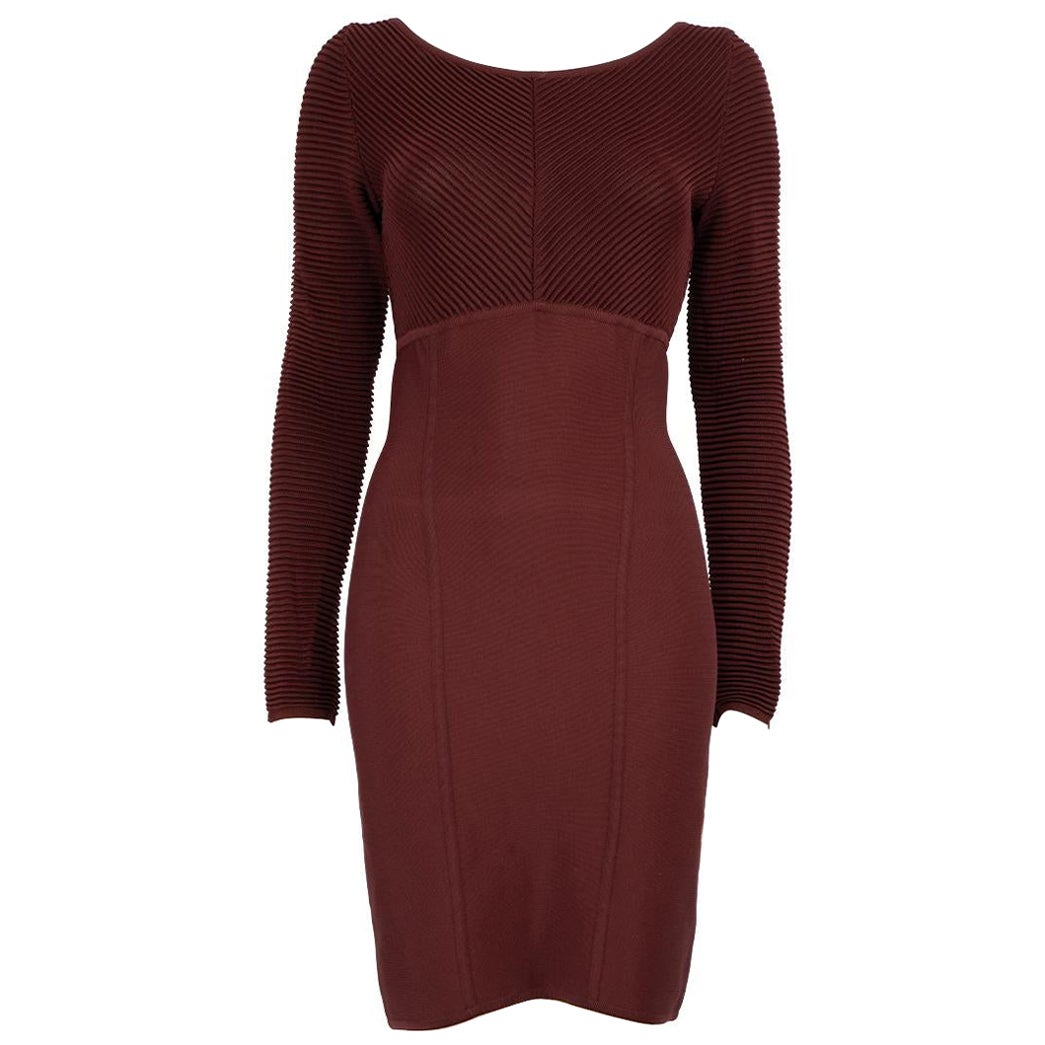 Herve Leger Burgundy Long Sleeves Bodycon Mini Dress Size L For Sale