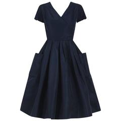 1954 Christian Dior Original Navy Blue Silk Pockets Low-Plunge Full Rock Dress