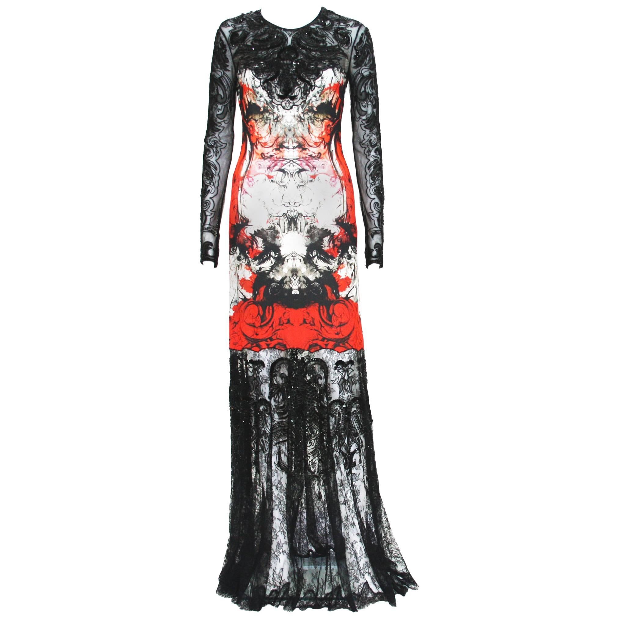 New Roberto Cavalli Lace Fully Beaded Stretch Long Dress Gown IT. 42