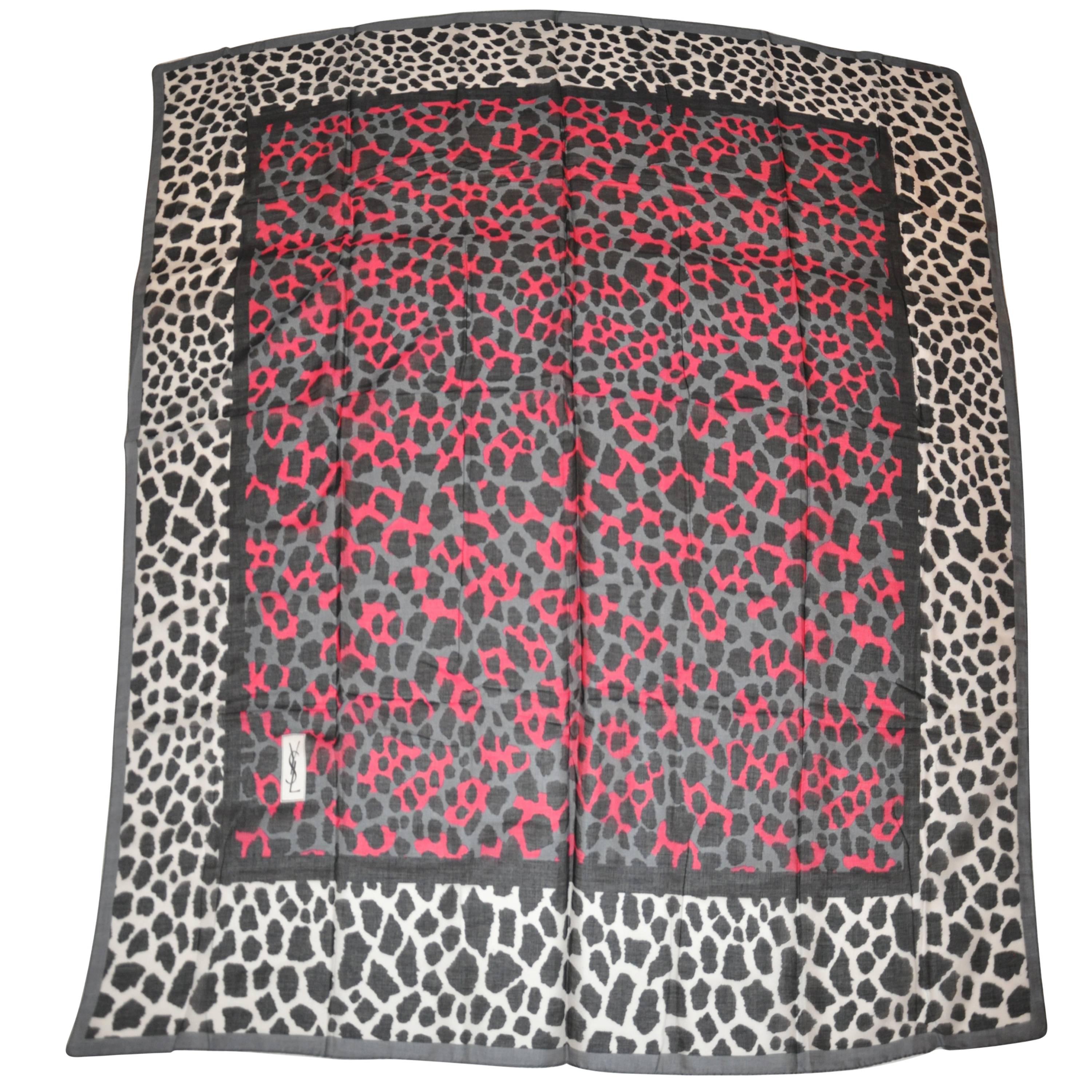 Yves Saint Laurent Huge Cotton Multi-Leopard with Gray Border Scarf For Sale