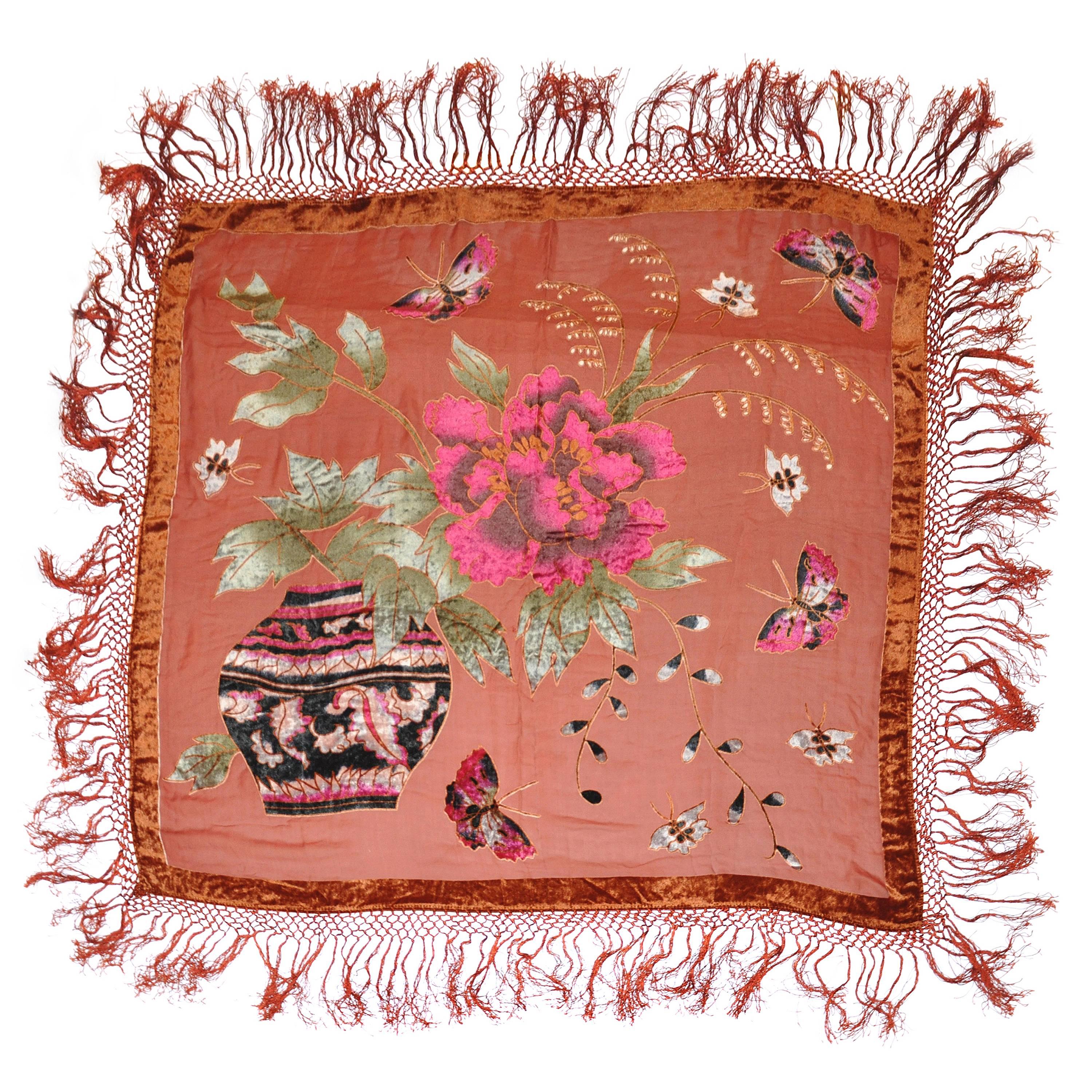 Large Silk Chiffon with Panels of Velvet Butterflies and Floral Fringed Scarf For Sale