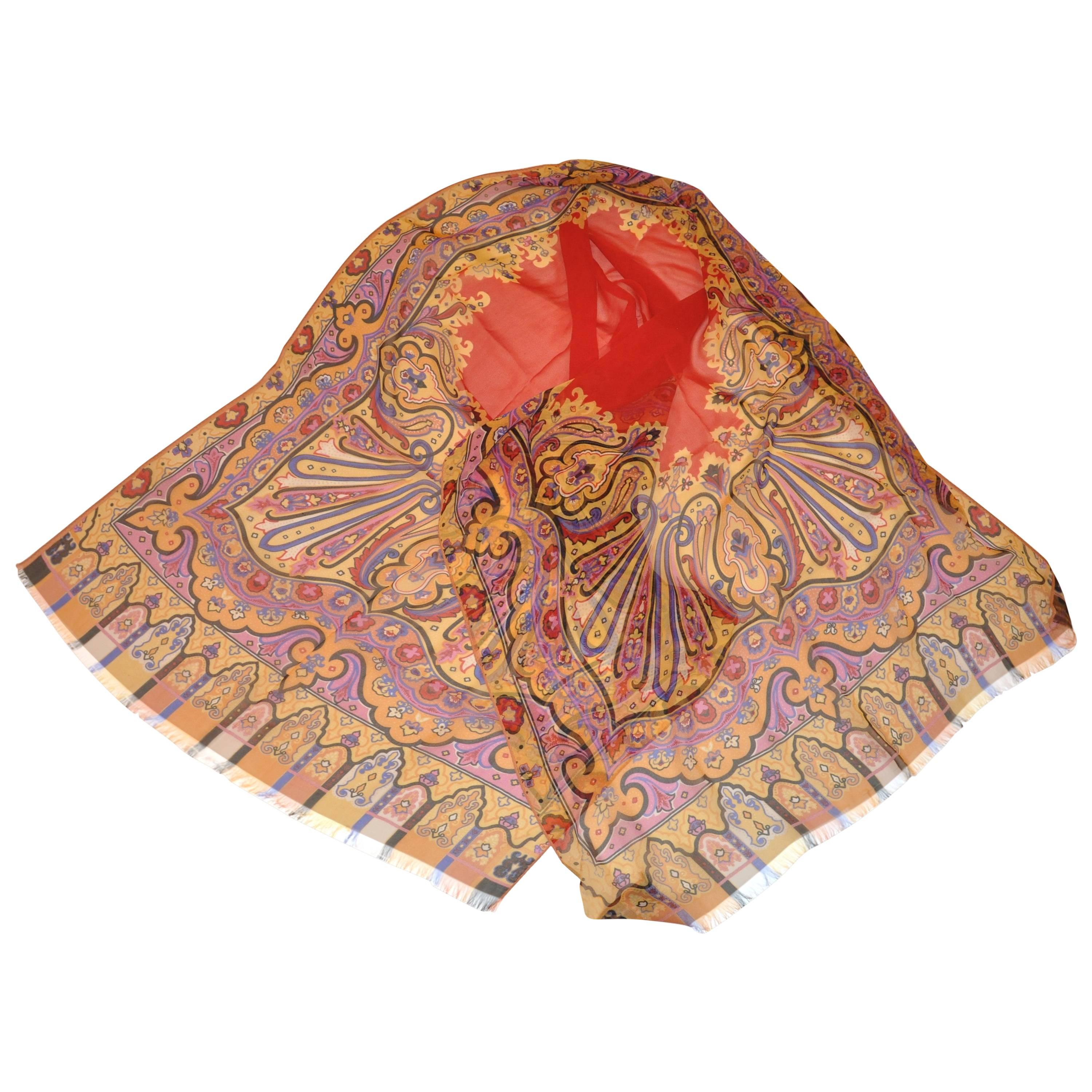 ETRO Large Bold Detailed Multi-Color Floral & Palsey Silk Chiffon Scarf For Sale