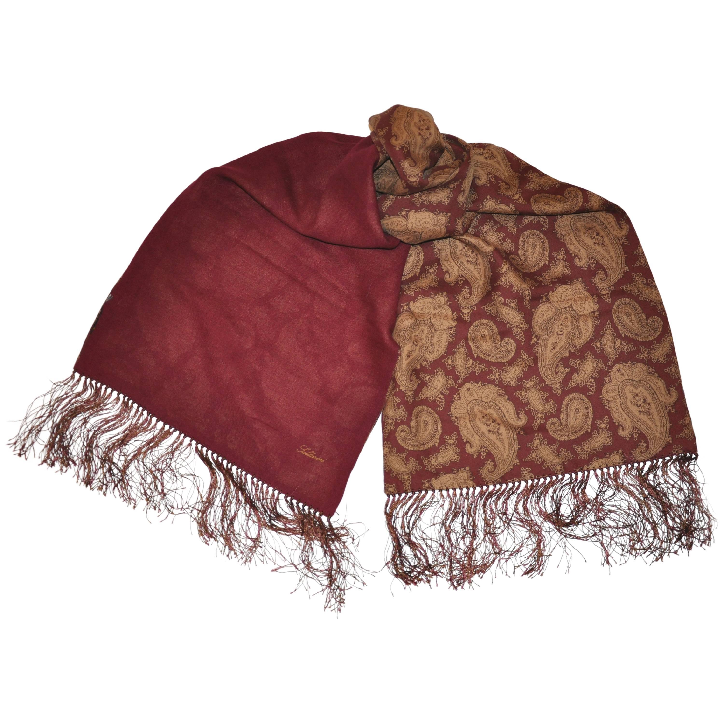 Silk & Wool Challis Burgundy & Palsey Print with Hand-Knotted Fringe Scarf For Sale