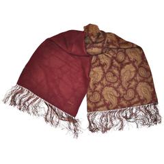 Vintage Silk & Wool Challis Burgundy & Palsey Print with Hand-Knotted Fringe Scarf