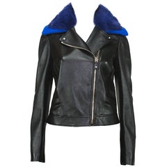 Used New Versace $8795 Black Leather Moto Jacket with Removable Double Mink Collar 40