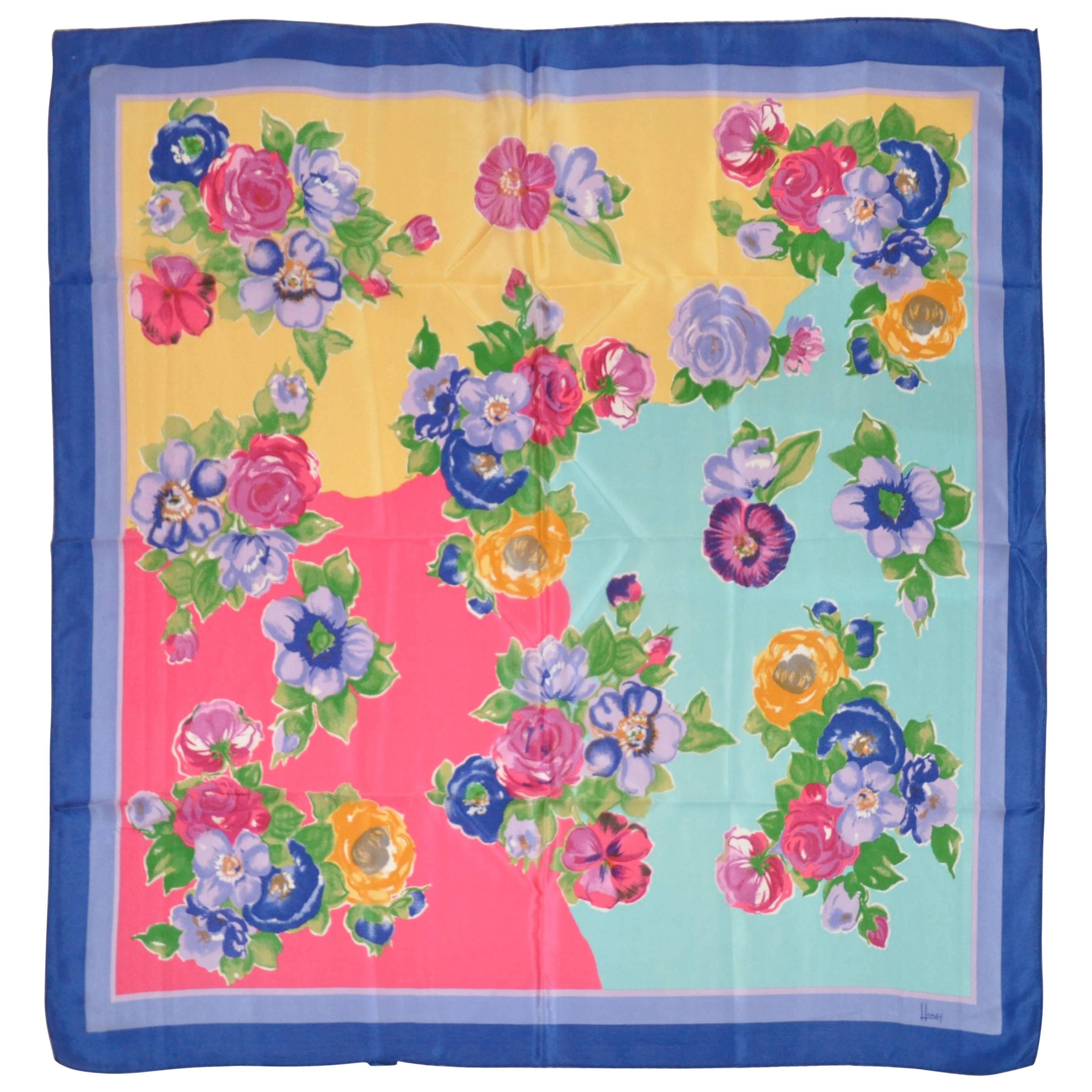Honey Wide Blue Border & Multi-Color Floral Silk Scarf For Sale