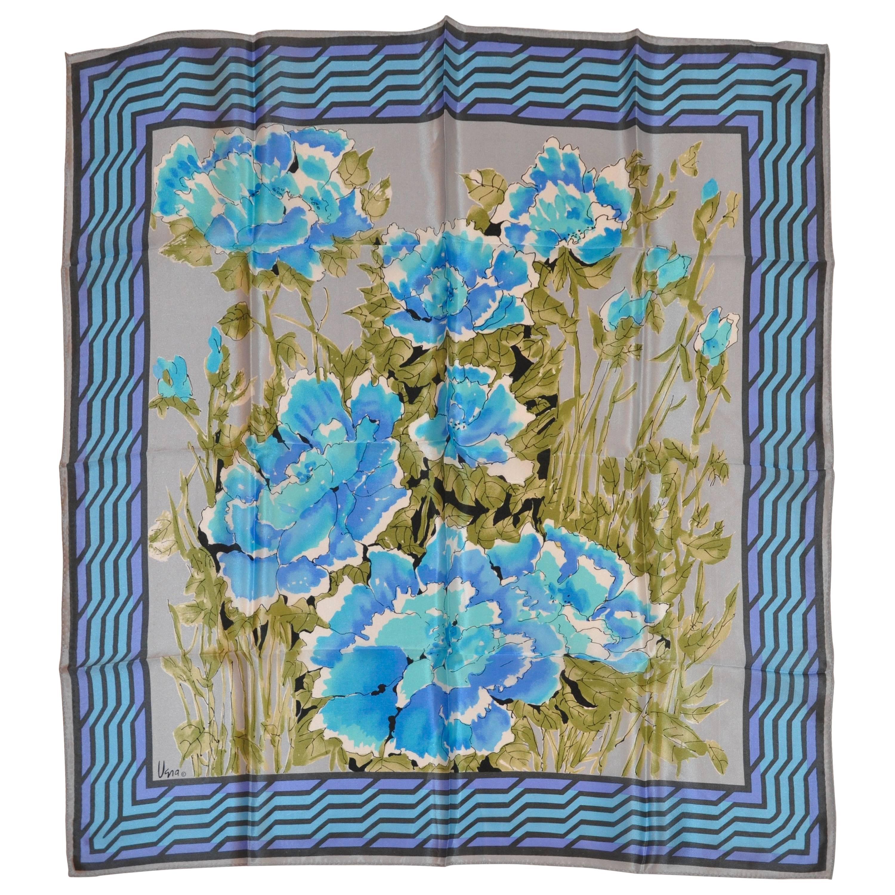 Vera "Shades of Blues Floral" Silk Scarf For Sale