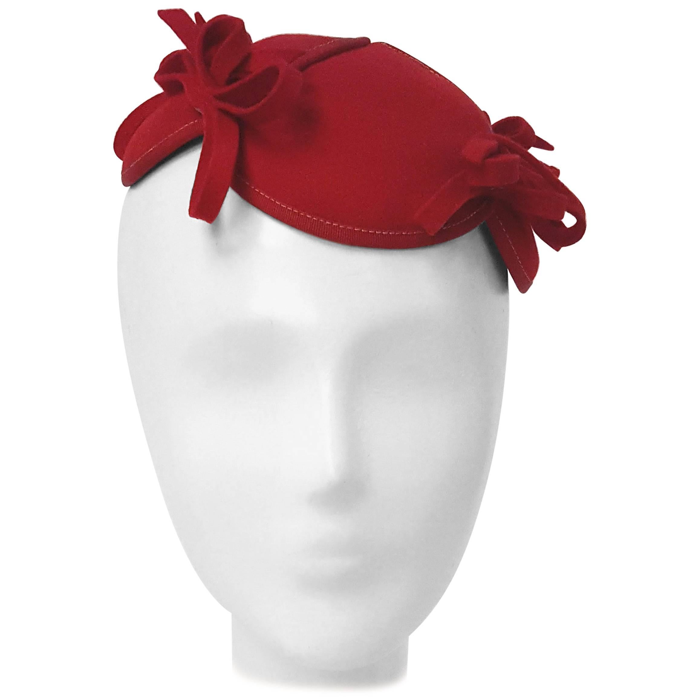 30s Red Felt Hat w/ Bows For Sale