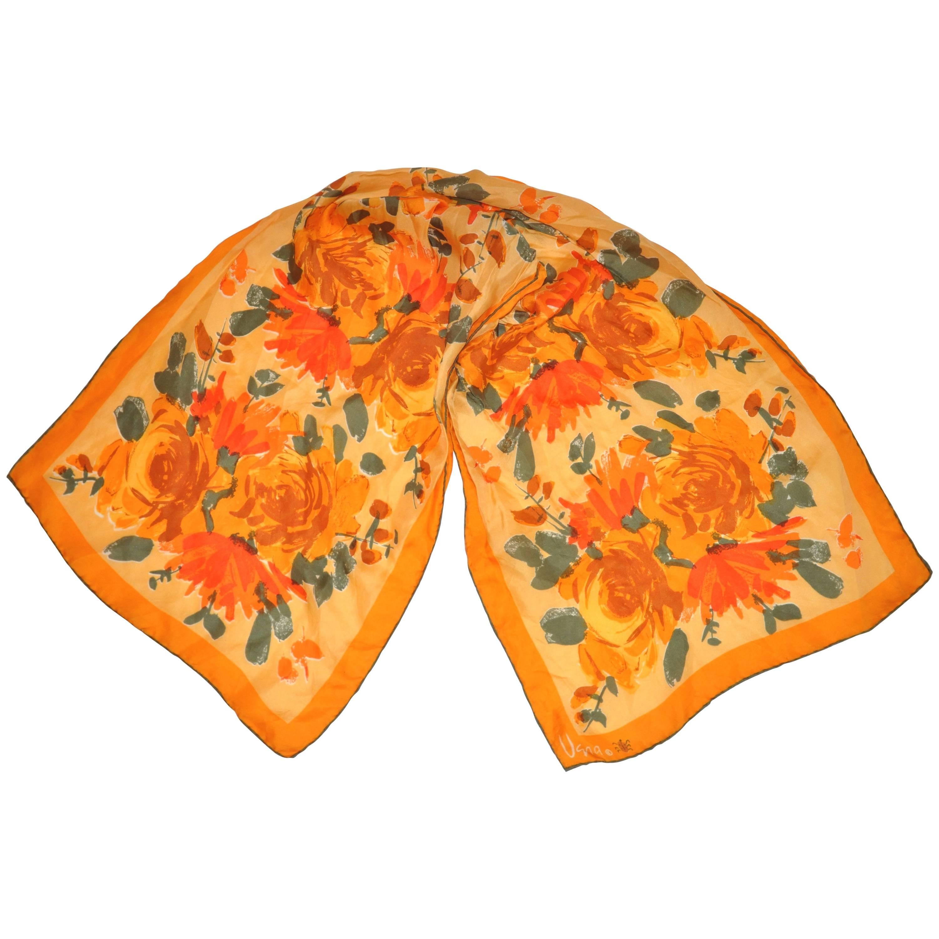 Vera "Burst of Tangerine & Orange Floral" Silk Scarf For Sale