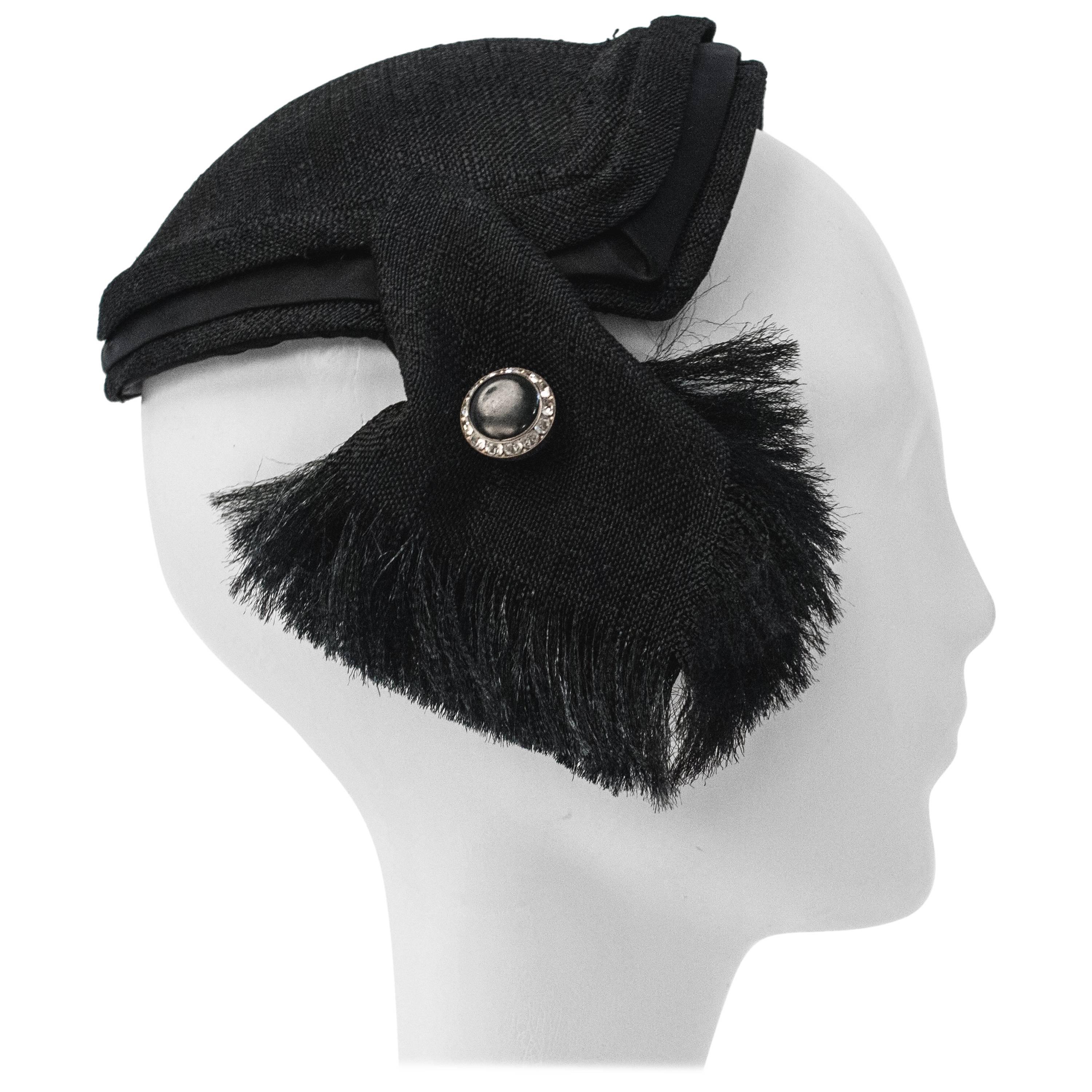 50s Black Linen Hat w/ Pullwork Detail