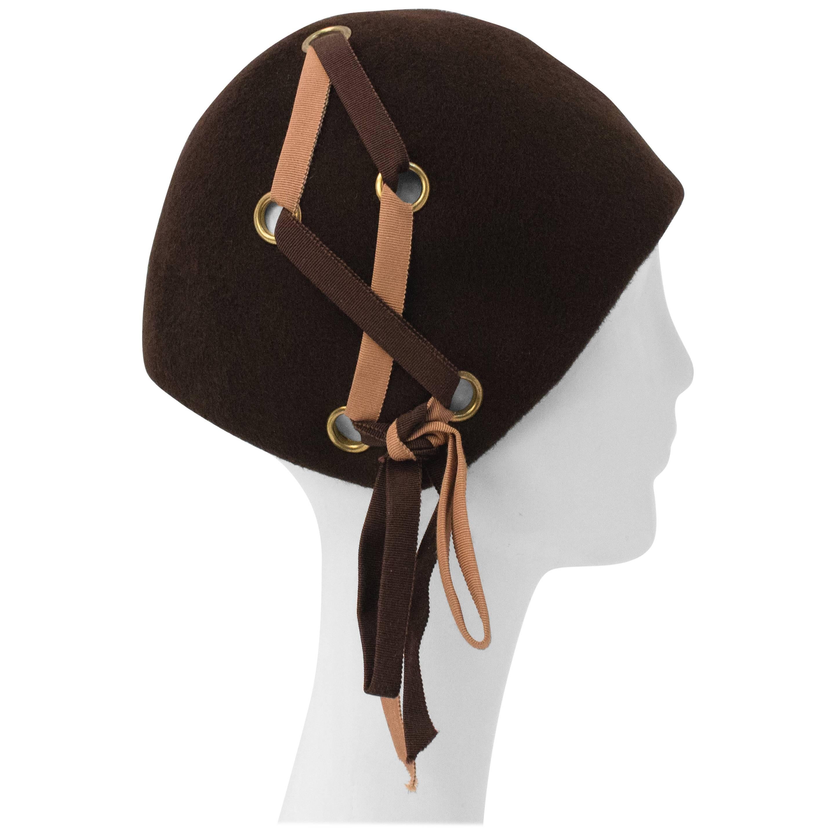 60s Brown Wool Felt Mod Hat w/ Lace-up Detail For Sale