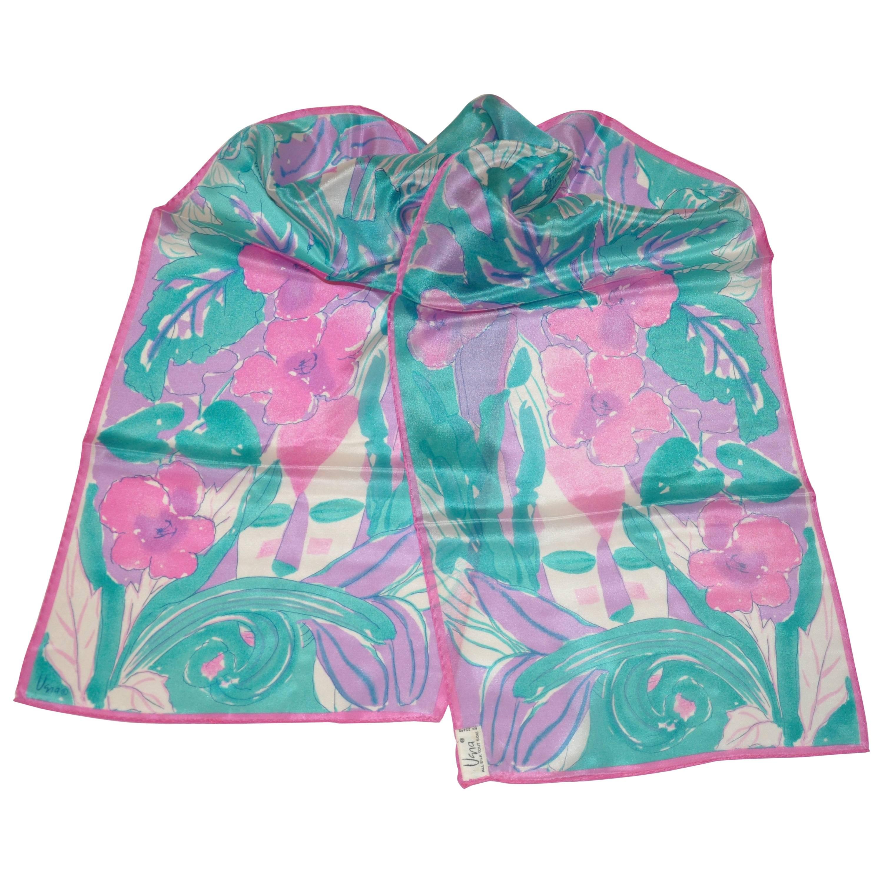 Écharpe en soie à fleurs Vera turquoise, rose et lavande en vente