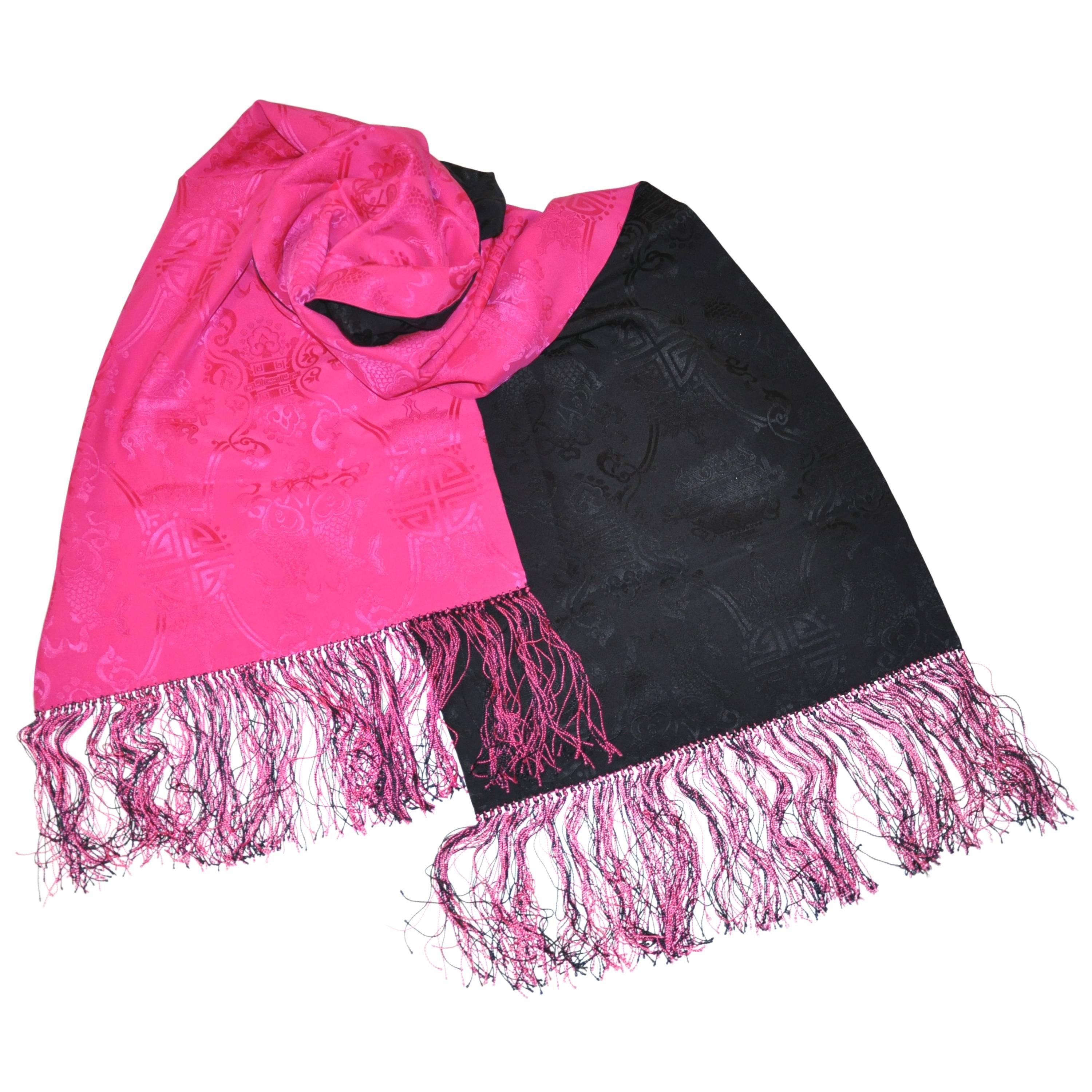 Bold Double-Layered fuchsia & Navy "Asian Theme" Silk Crepe di Chine Scarf For Sale