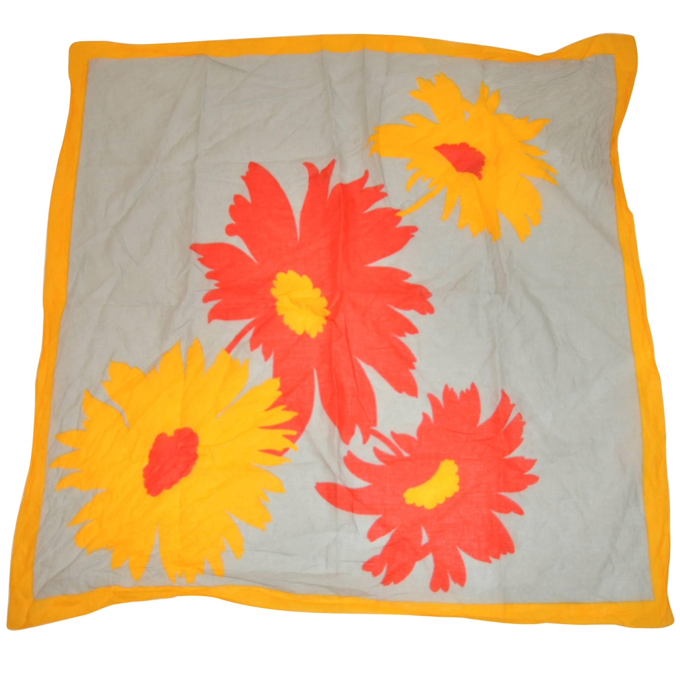 Bold 100% Cotton Yellow Border with Large Yellow & Red Floral Scarf For Sale