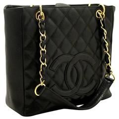 CHANEL Caviar Chain Shoulder Bag Shopping Tote Black Quilted 