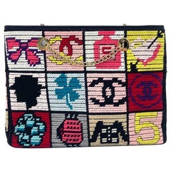 Rare Chanel Precious Symbols Needlepoint Shoulder Bag Shopper Tote