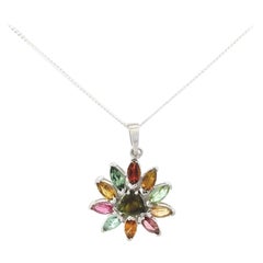 Multi Gemstone Encrusted Flower Sterling Silver Pendant for Anniversary Gift