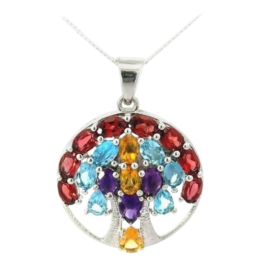 Tree of Life Multi Gemstone Circle 925 Sterling Silver Pendant for Wedding Gift