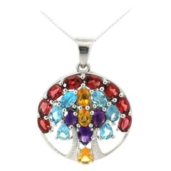 Tree of Life Multi Gemstone Circle 925 Sterling Silver Pendant for Wedding Gift