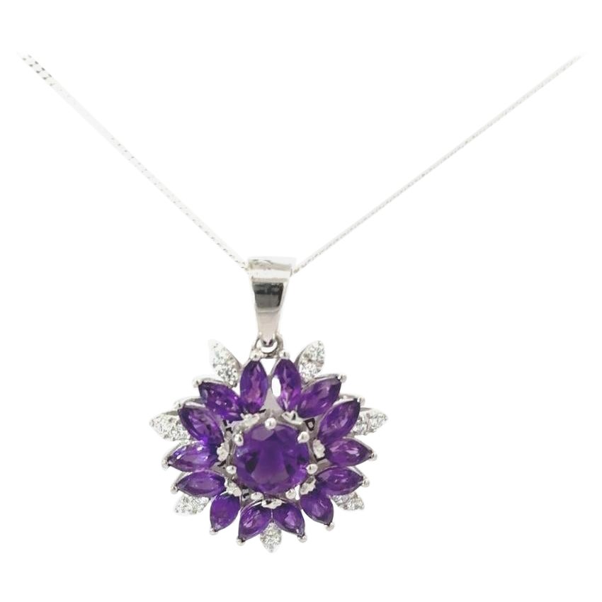 Sterling Silver 9.9 Ct Amethyst Gemstone Halo Floral Pendant Necklace for Her For Sale