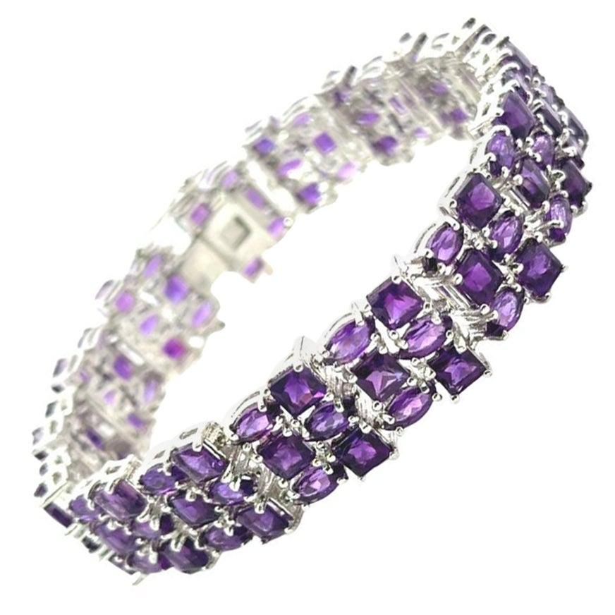 27.2 Carat Wide Purple Amethyst Tennis Gemstone Bracelet in 925 Sterling Silver For Sale