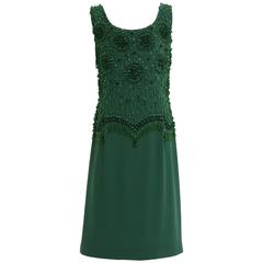 1950s Italian Couture Green Embroidered Silk Crepe Bombshell Cocktail Dress