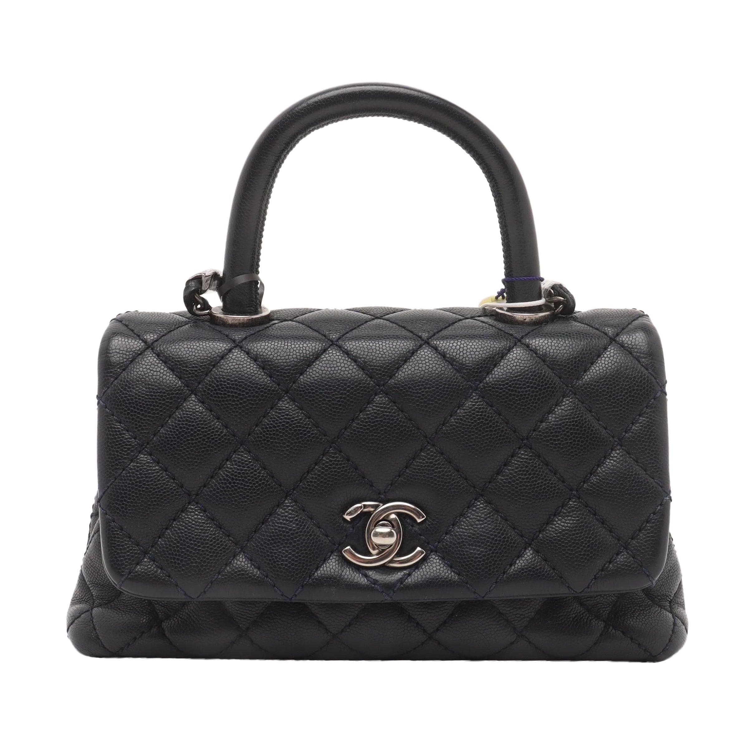 Asa Coco Chanel Pequeña Piel Caviar Azul Marino Herrajes Plateados en venta