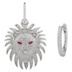 Art Deco Style Leo Lion Charm Rhinestone Hoop Earrings in 925 Silver