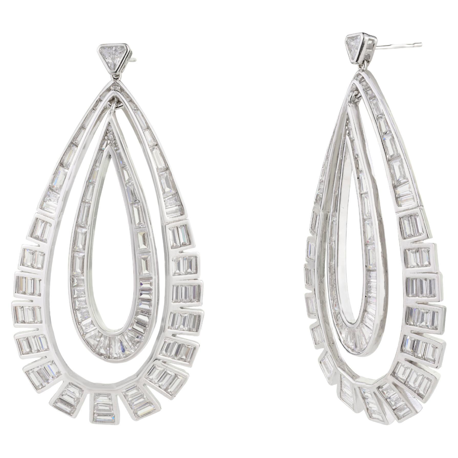 Pear Shape Rhinestone Double Layered Dangler Silver Earrings Gift for Engagement For Sale