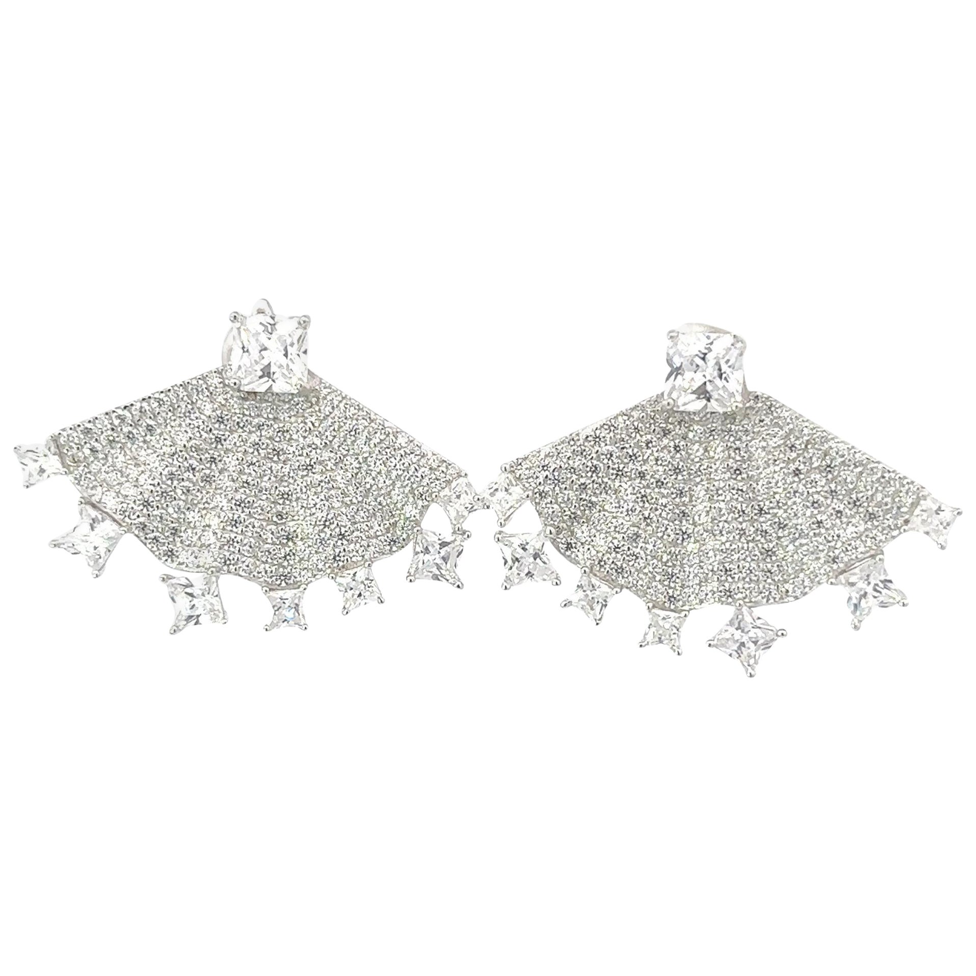 Mixed Cut Fan Sparkling Rhinestone Silver Earrings for Wedding Jewelry Gift For Sale