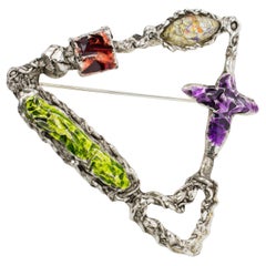 Christian Lacroix Silvered Brutalist Brooch with Multicolor Enamel