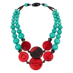Angela Caputi Multi-Strand Green Teal Choker Necklace Red and Black Pebbles