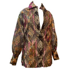 1970s Contessa Monique Sheer Eyelash Textured Gold Lame Organza Blouse