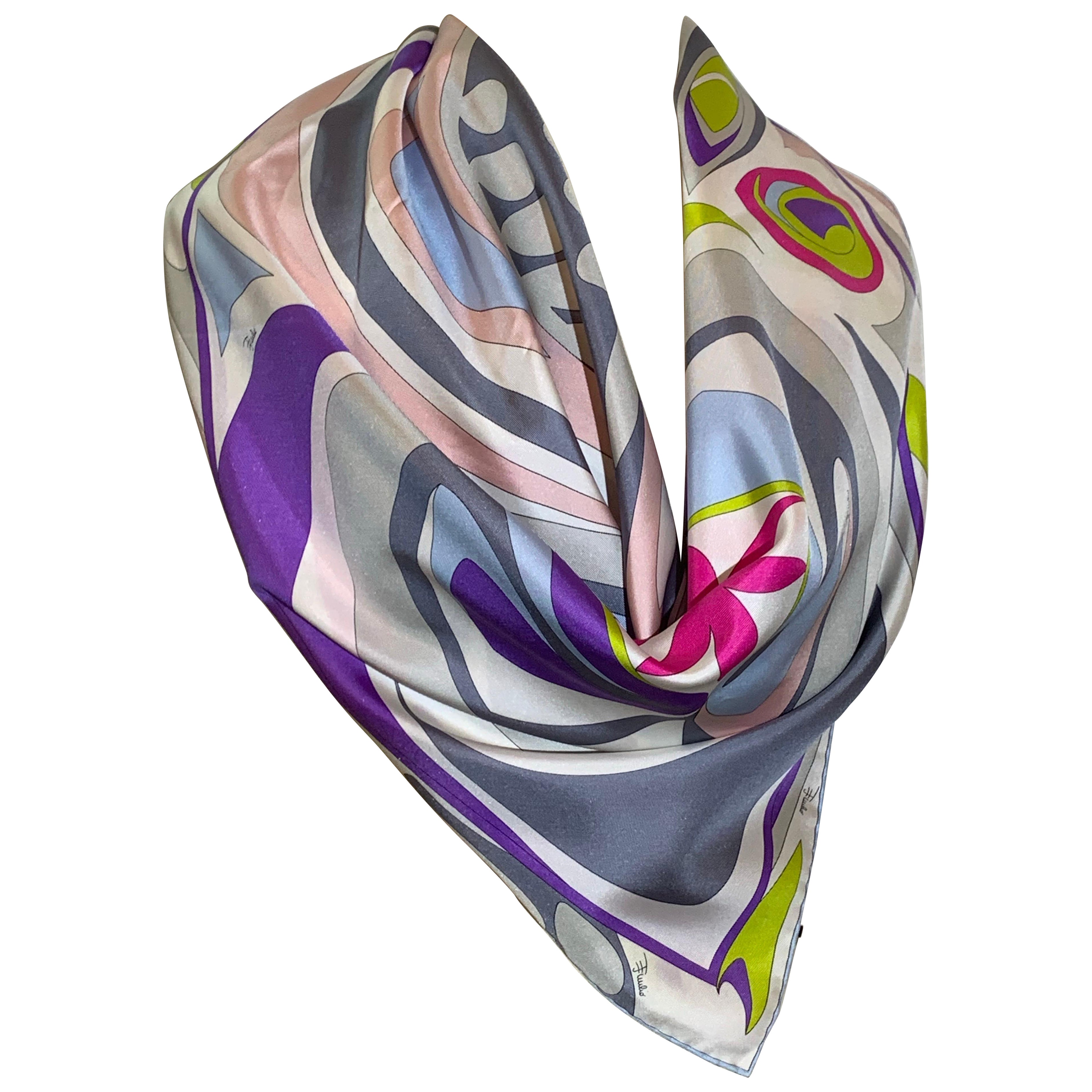 Emilio Pucci Silk Twill Classic Scarf in Purple, Lime, Pink and Blue For Sale