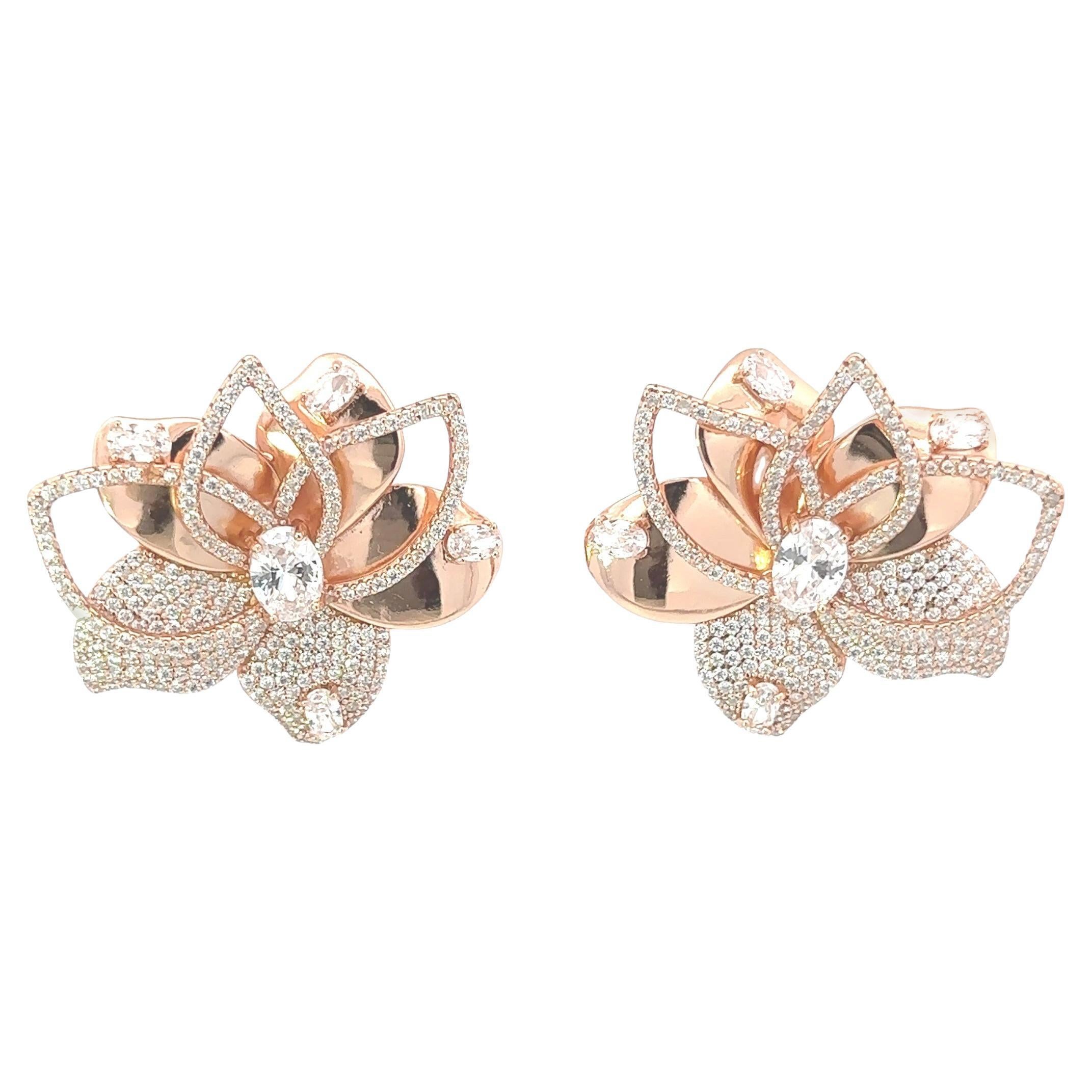 Lotus Flower Rhinestone Crystal Earrings in 925 Silver Studs for Mom Jewelry For Sale