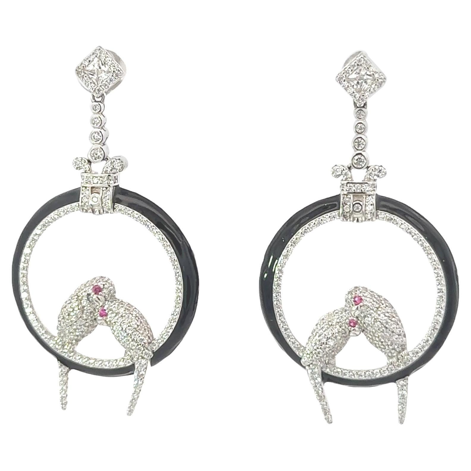 Pave Zircon Love Birds Dangle Earrings in Sterling Silver Gift for Mothers Day For Sale